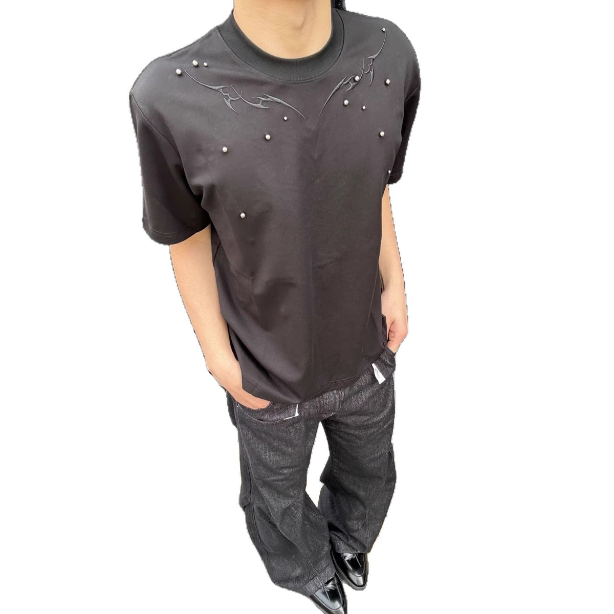 Men's Short Embroidered Rivet Short-Sleeve T-Shirt
