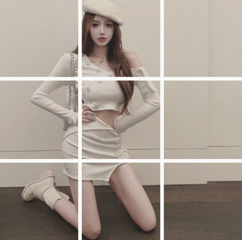 Early Autumn Pearl Button Short Top And Sheath Skirt Set