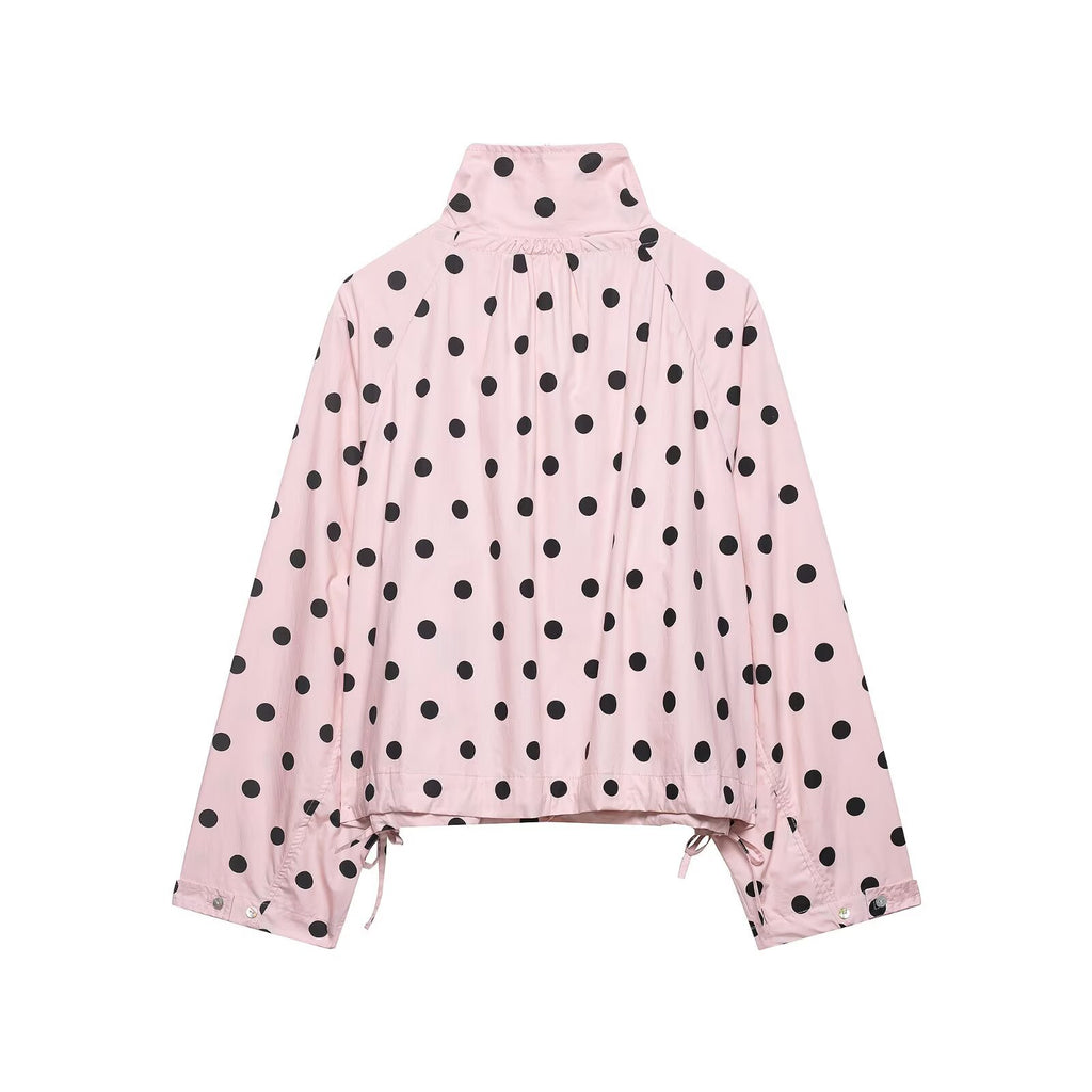 Single-breasted Stand Collar Bow-Tied Polka Dot Coat For Women