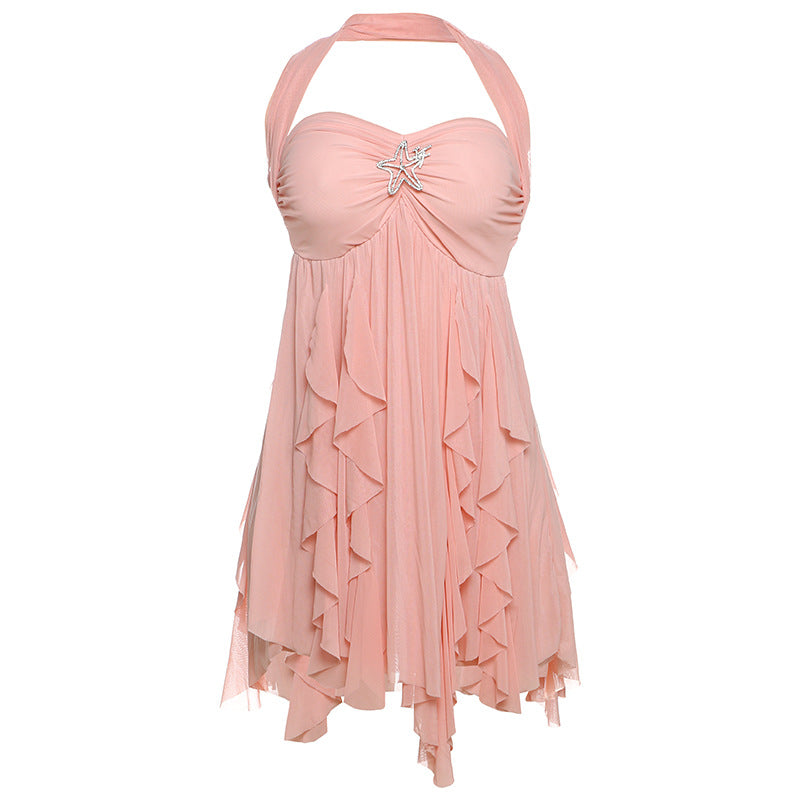 Ins Halter Neck Backless Dress Summer Sexy Printed Irregular Mesh Short Dresses For Evening Party Club Women's Clothing