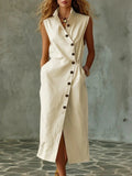 Slim-fit Elegant Single-breasted Dress With A Stand-up Collar For Women