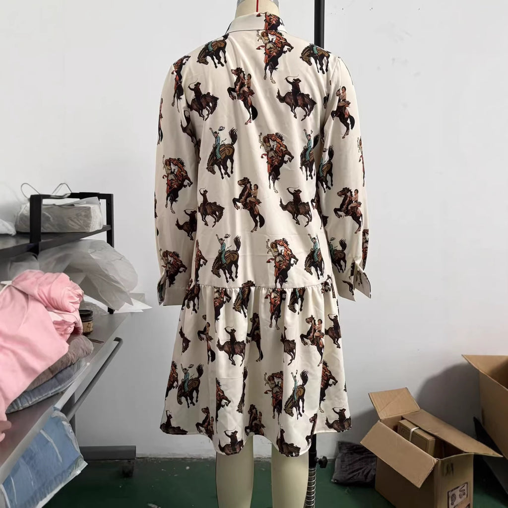 Western Cowboy-Style Printed Long-Sleeve Dress