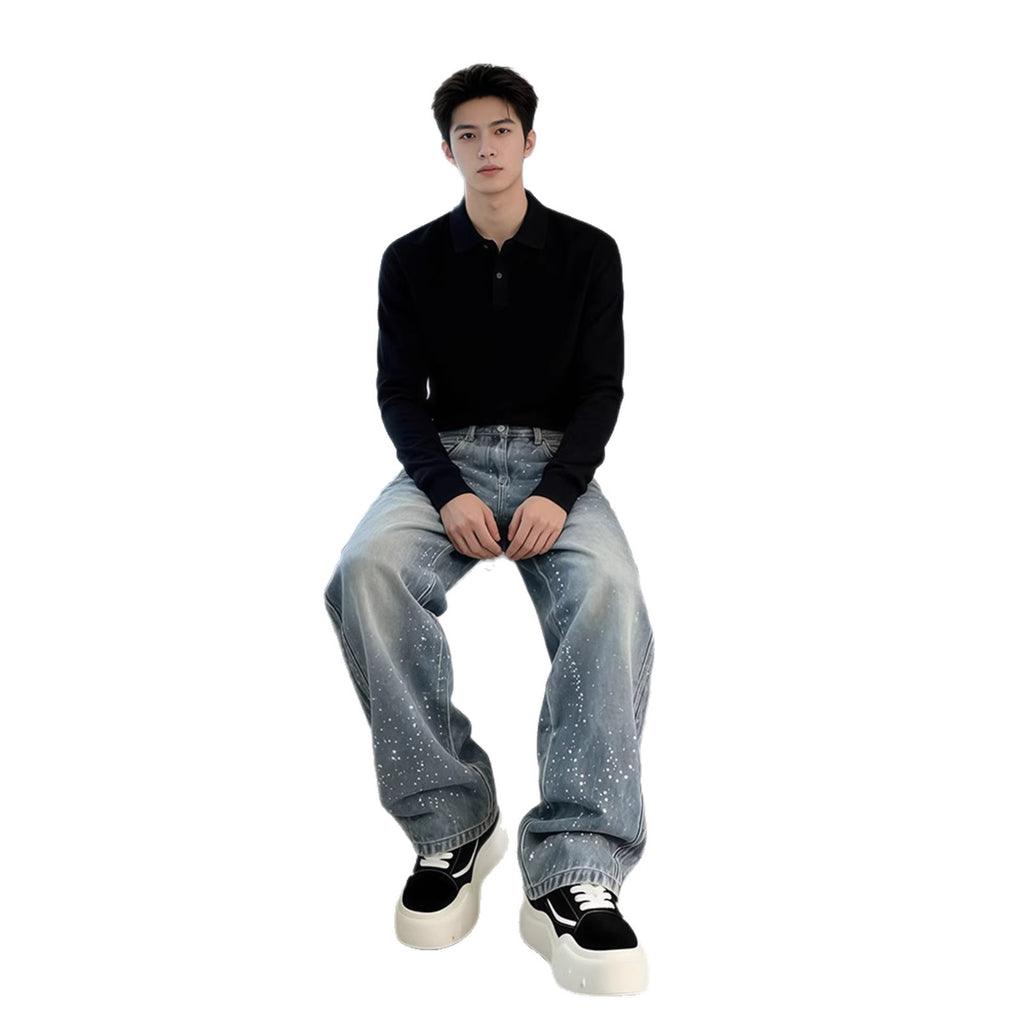 Hot-stone-embellished Jeans Mens Straight-leg Wide-leg Pants