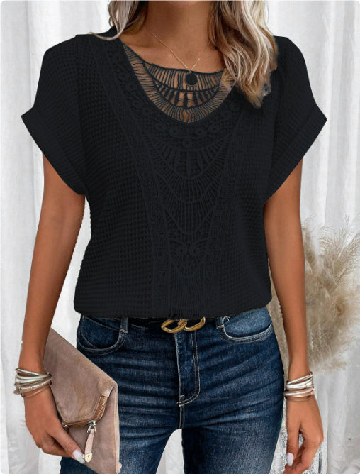 Summer Hollow Out Short-sleeved T-shirt Fashion Ethnic Style Tops Women's Clothing
