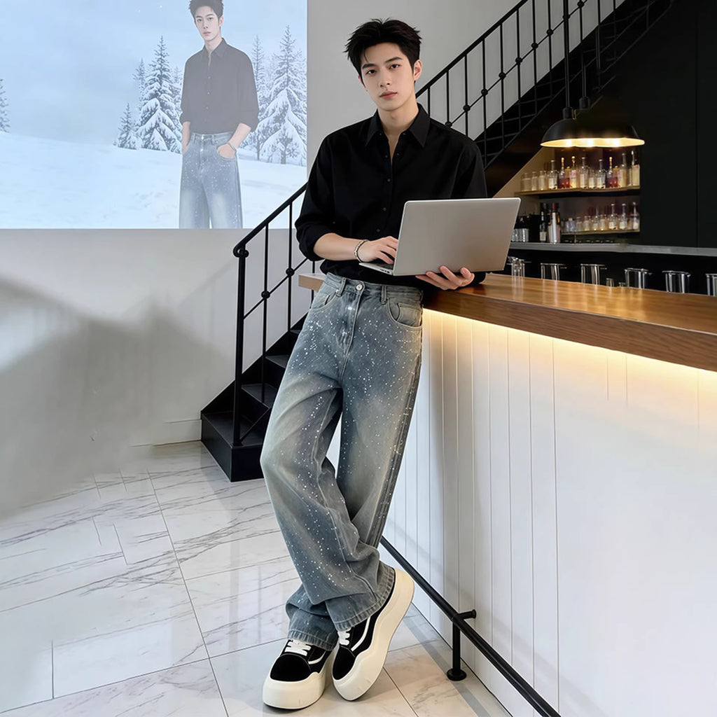 Hot-stone-embellished Jeans Mens Straight-leg Wide-leg Pants