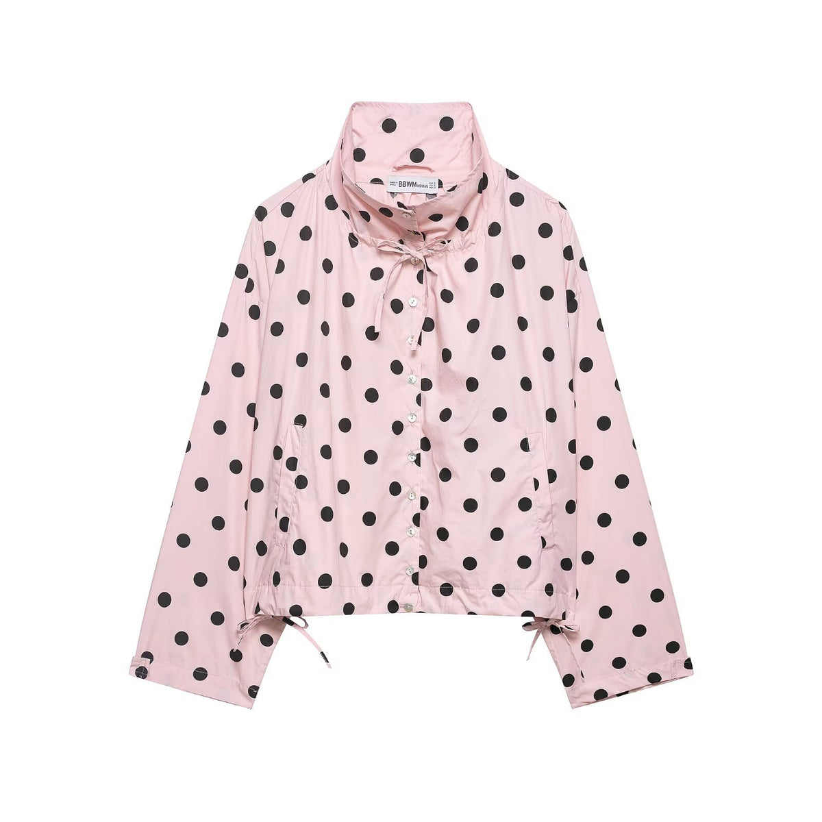 Single-breasted Stand Collar Bow-Tied Polka Dot Coat For Women