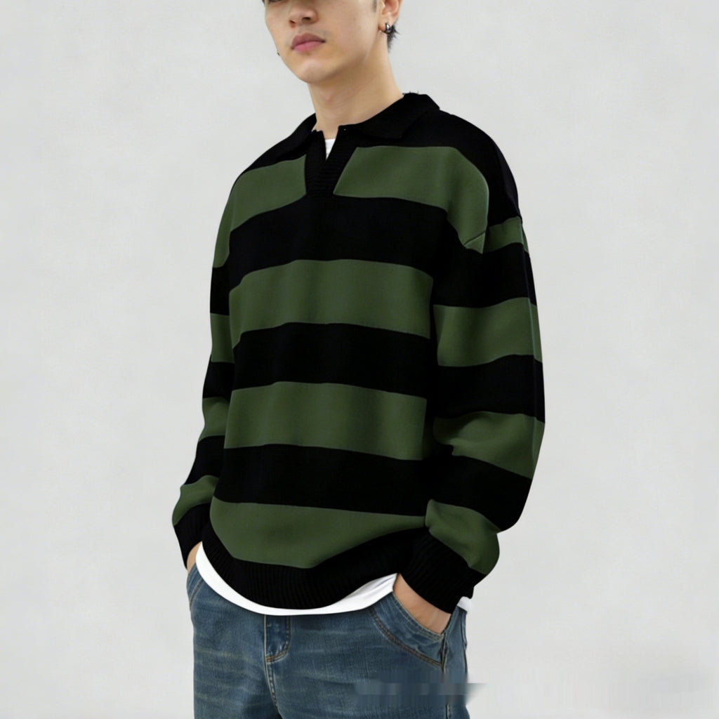 Men's Casual Spring Autumn Everyday V-Neck Pullover Contrast-Color Striped Long-Sleeve Knit Sweater