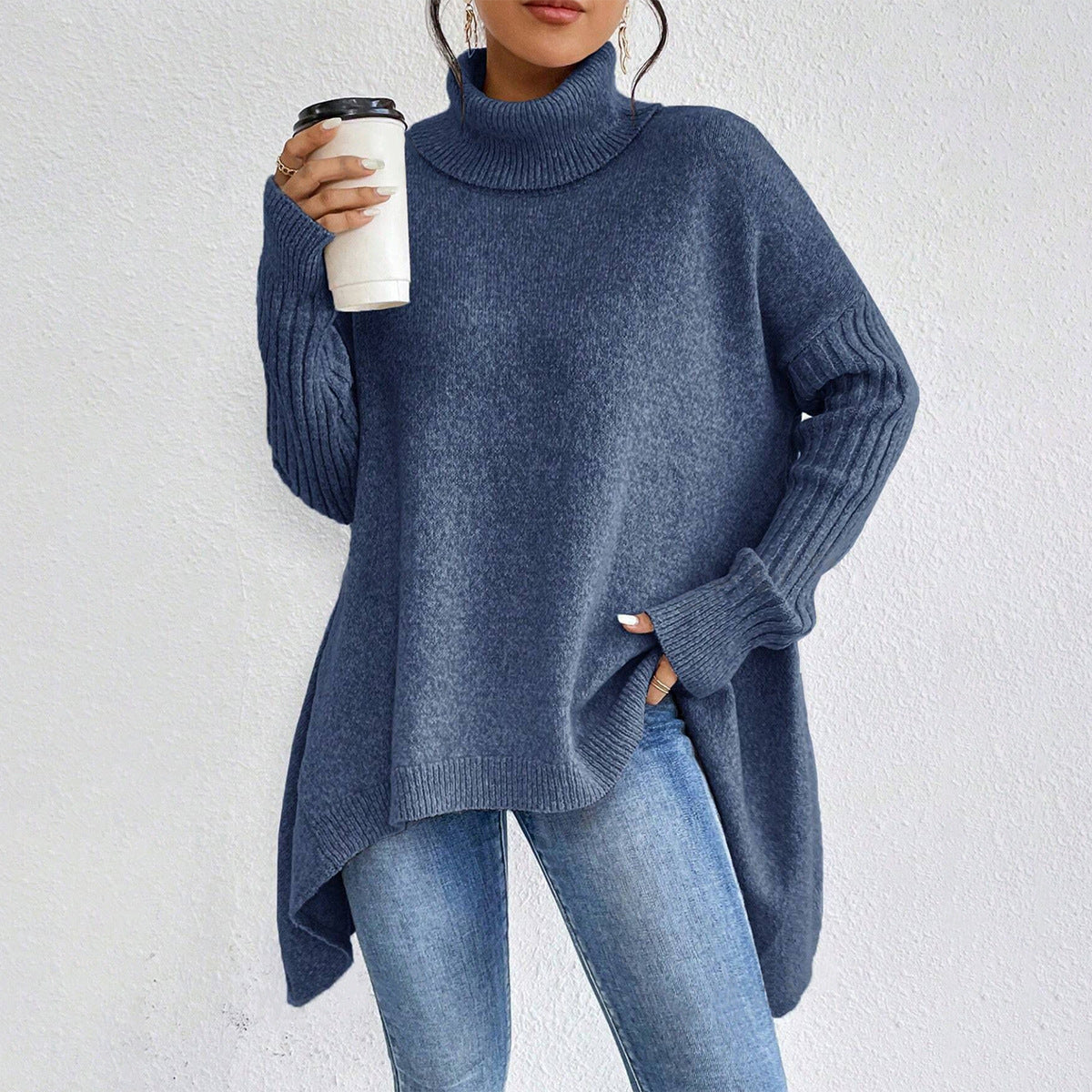 Irregular Turtleneck Sweater Winter Loose Long Sleeve Knitted Tops Leisure Warm Pullover Sweater Women's Clothing