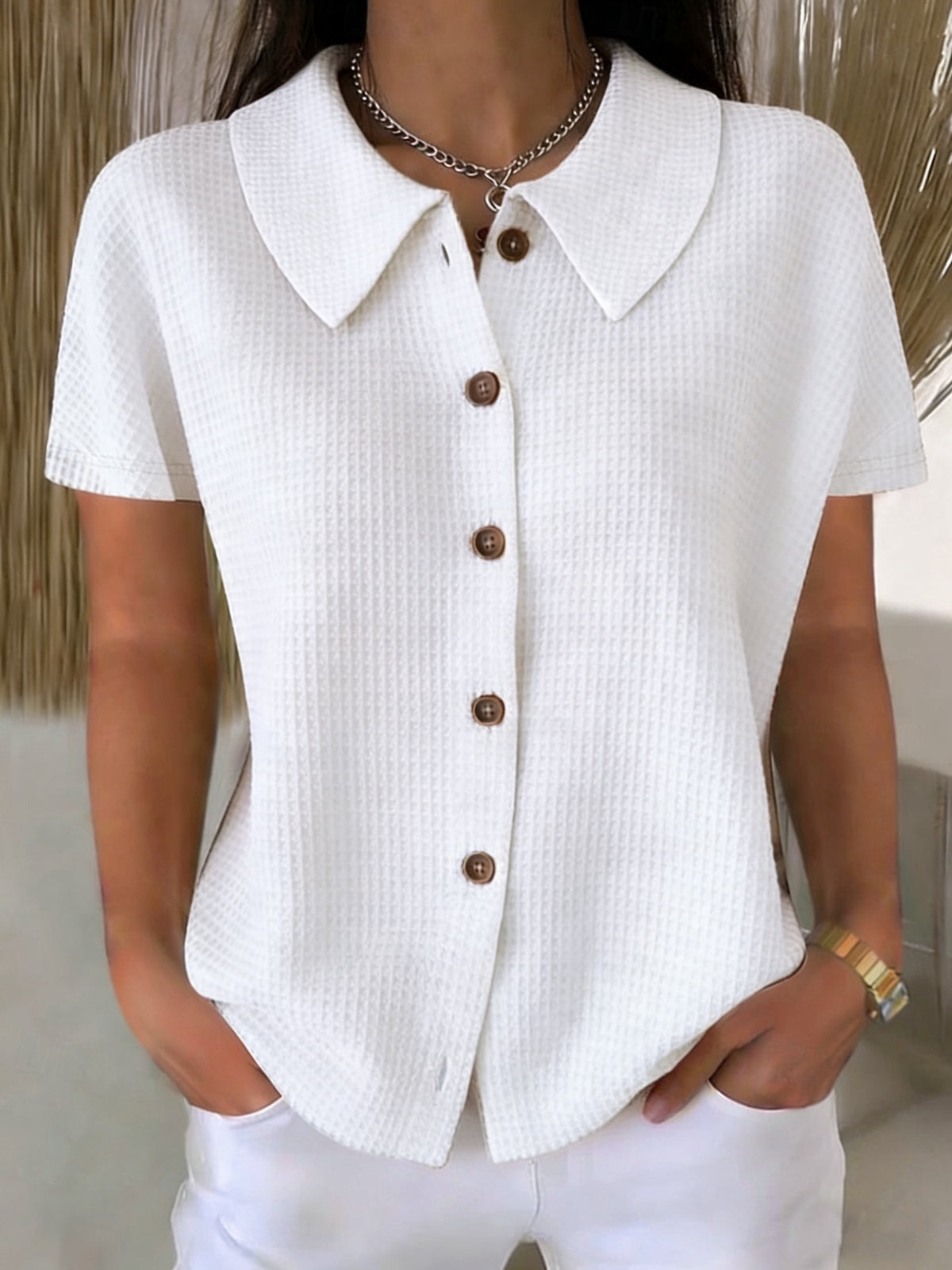 Turn-down Collar Waffle-Weave Solid Color Casual Loose Short-Sleeve Shirt