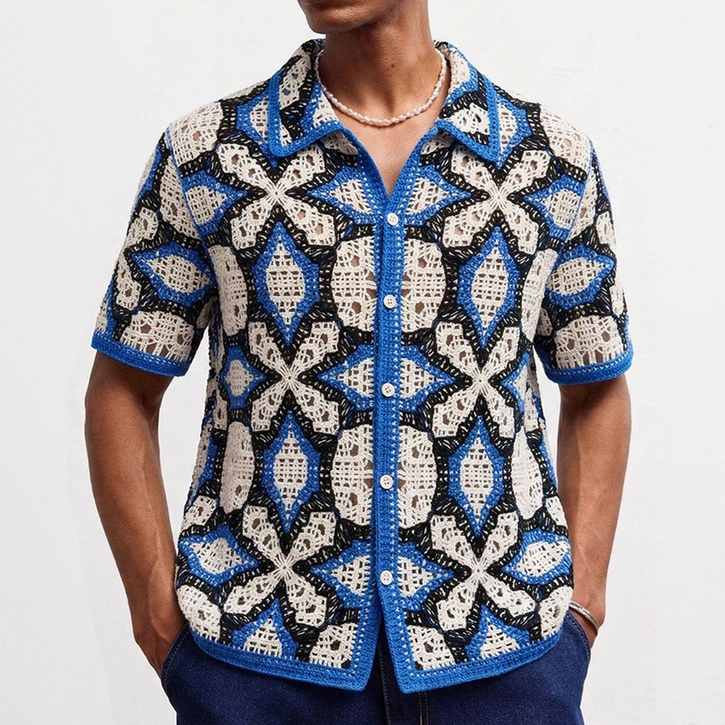 Geometric Jacquard Hollow-Out Knitted Polo Shirt
