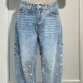 Ins Shiny Straight Jeans With Pockets Fashion Loose Wide-leg Pants For Women Street-style Trousers