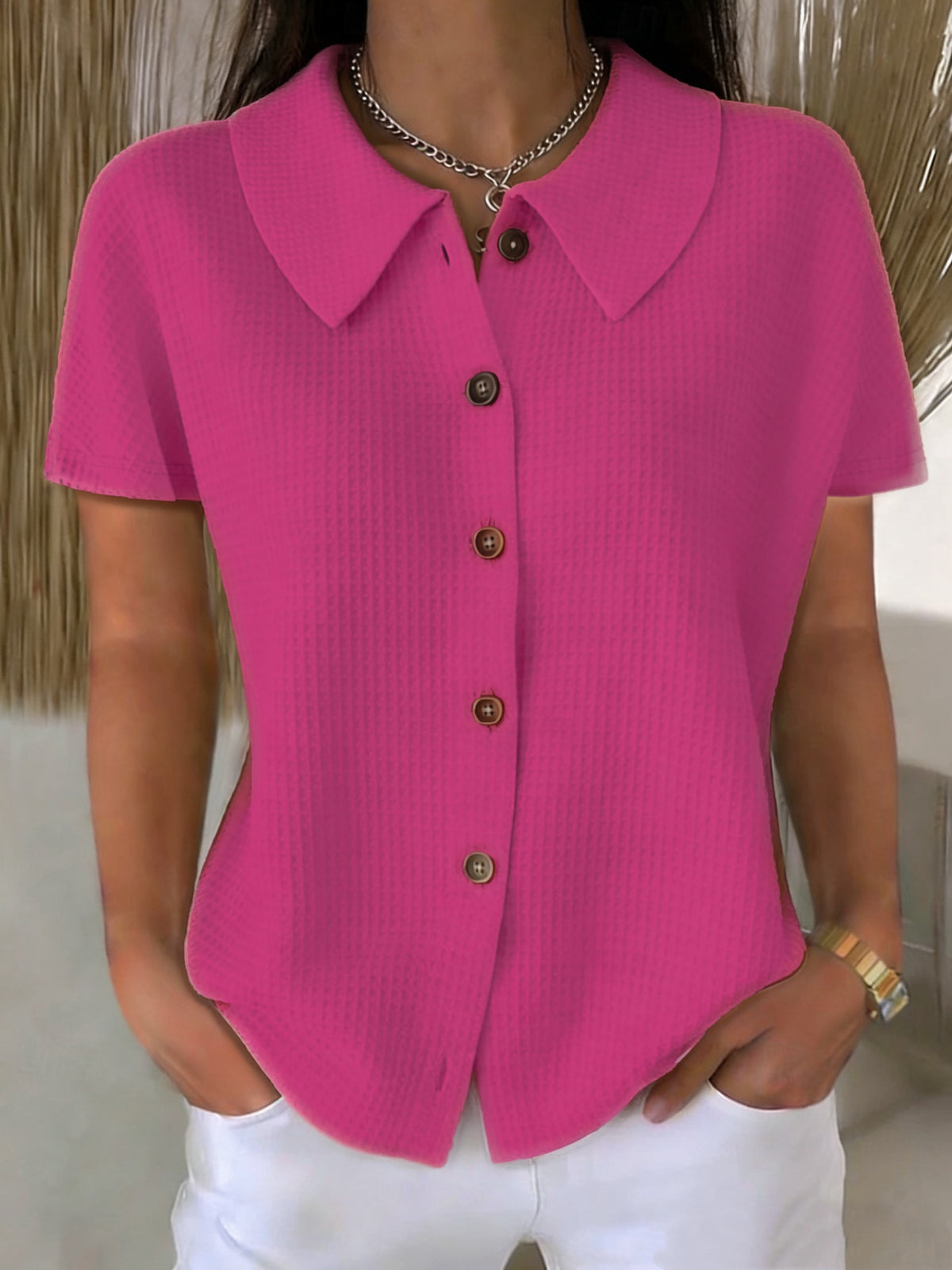 Turn-down Collar Waffle-Weave Solid Color Casual Loose Short-Sleeve Shirt