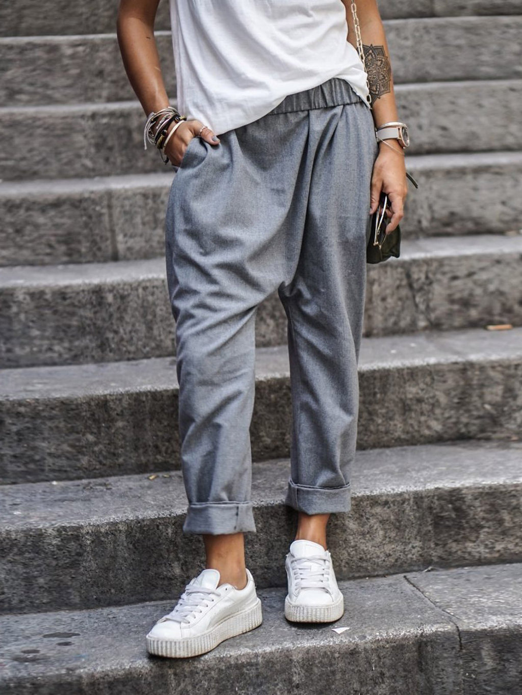 Women's Casual Pants With Pockets Elastic High Waist Harem Trousers Fashion Streetwear Clothing