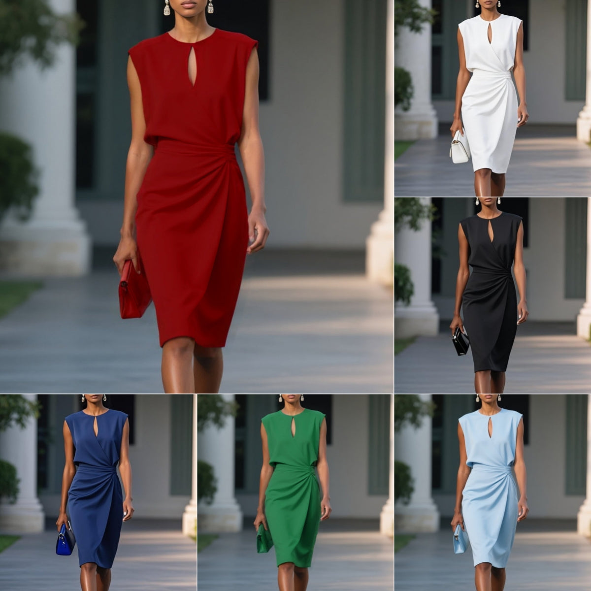 Women's Retro Elegant Solid Color Cross Front Knotted Round Neck Hollow Out Dress - Lightweight Summer Casual A-Line Midi Dress Party Dresses