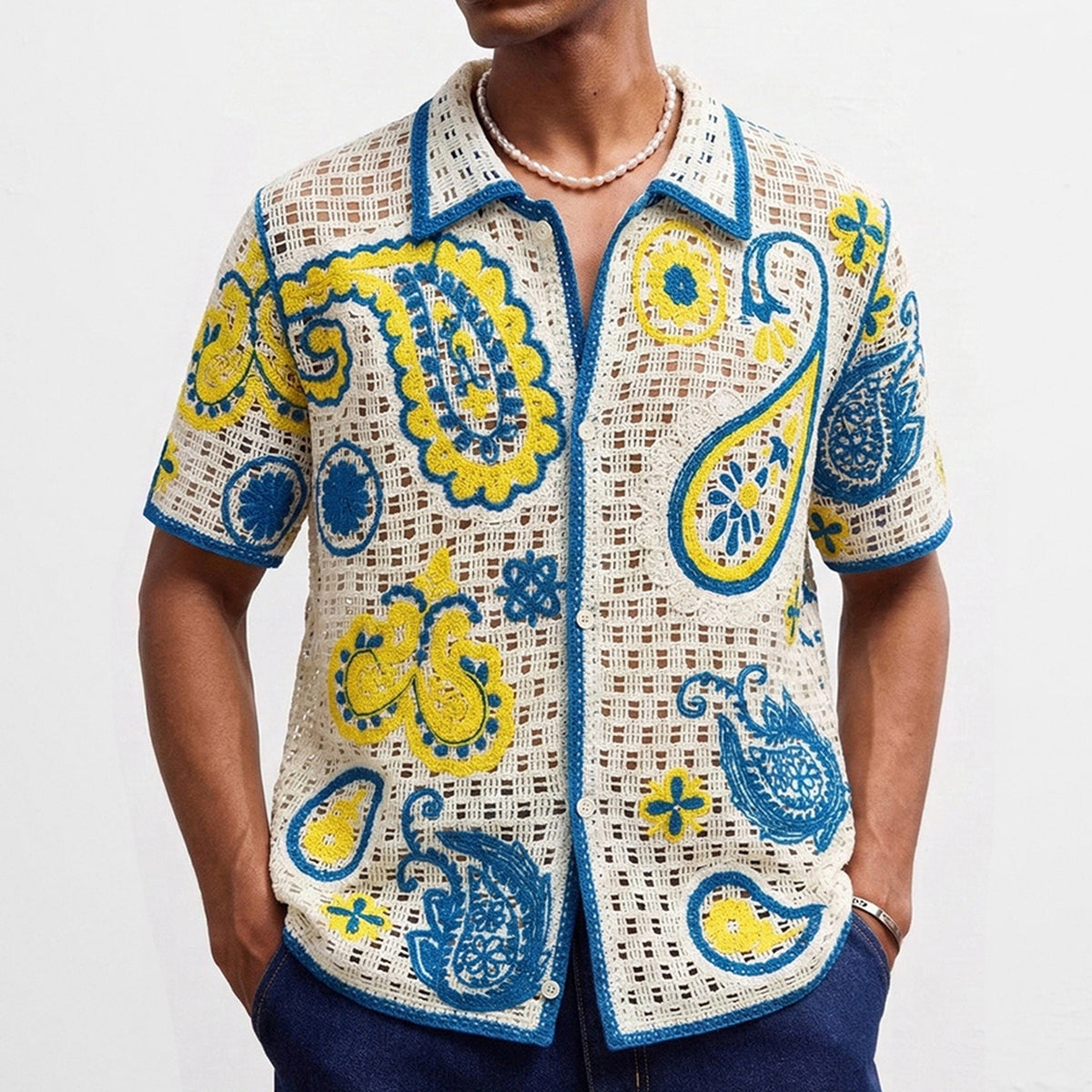 Retro Ethnic-Style Crochet Hollow-Out Knitted Cardigan Men's Polo Shirt