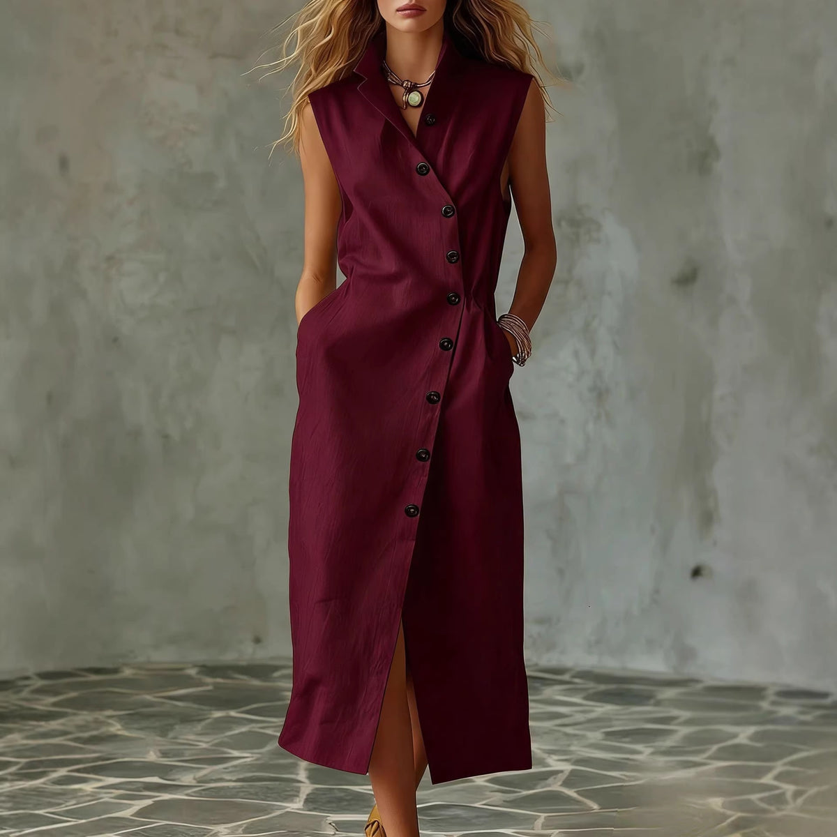 Slim-fit Elegant Single-breasted Dress With A Stand-up Collar For Women
