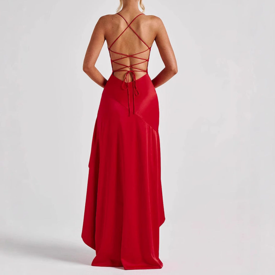 Women's Backless Ruffles Irregular Dress Summer Fashion Evening Party Club Split Suspender Maxi Dresses Clothing