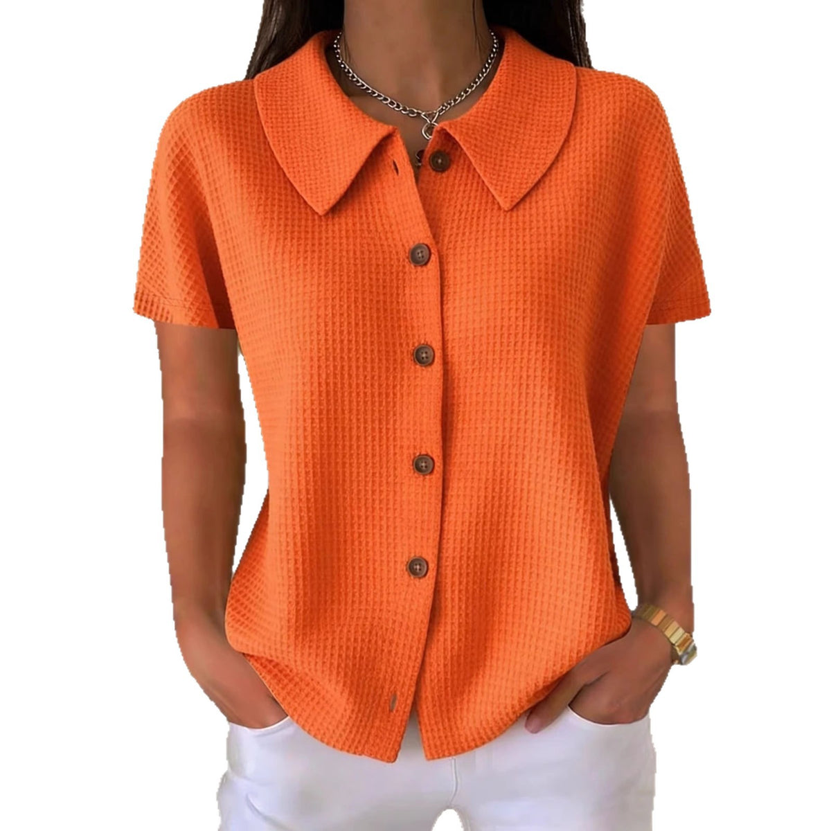 Turn-down Collar Waffle-Weave Solid Color Casual Loose Short-Sleeve Shirt