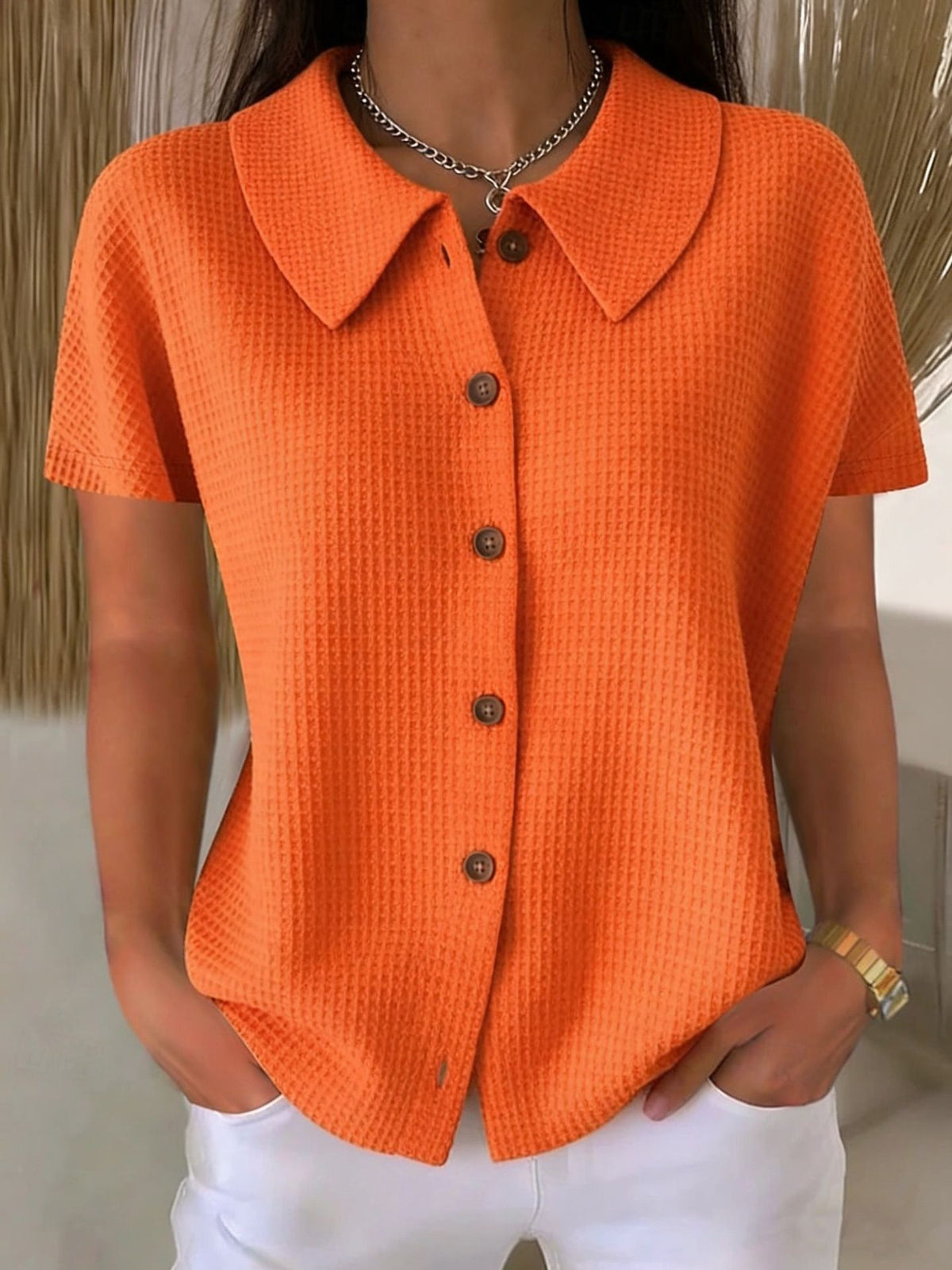 Turn-down Collar Waffle-Weave Solid Color Casual Loose Short-Sleeve Shirt