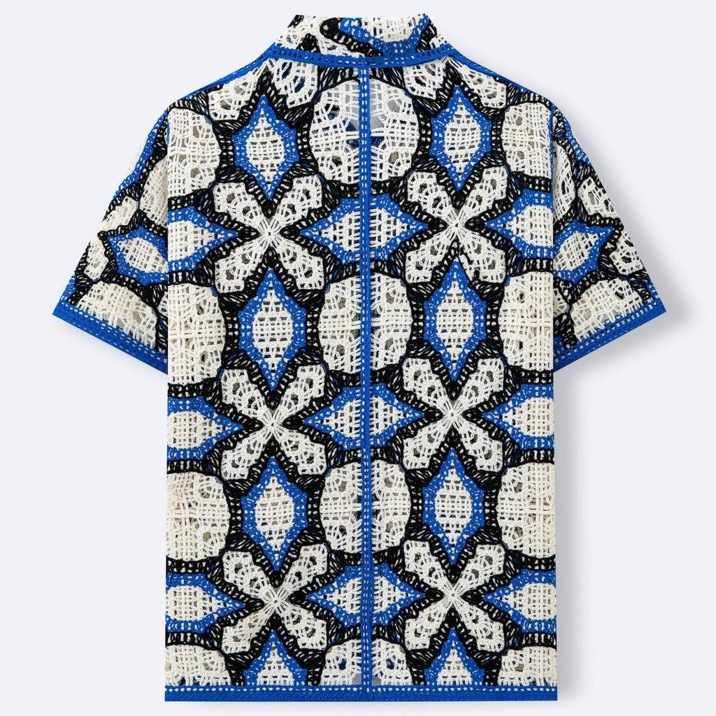 Geometric Jacquard Hollow-Out Knitted Polo Shirt