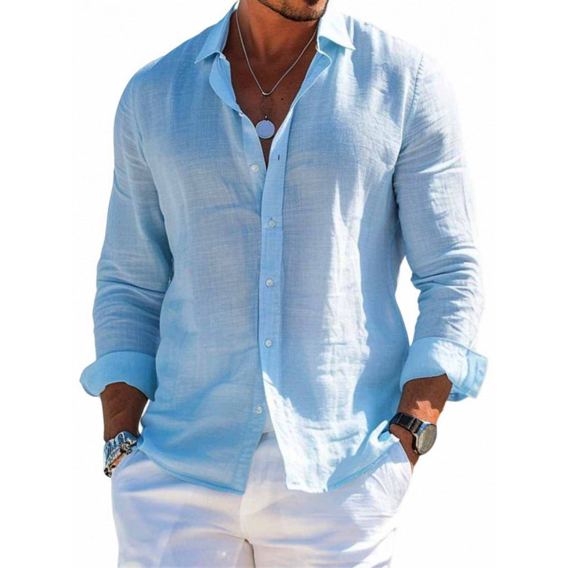 Men's Long Sleeve Shirt Casual Loose Lapel Button Top Solid Color Plus Size Blouse Clothing