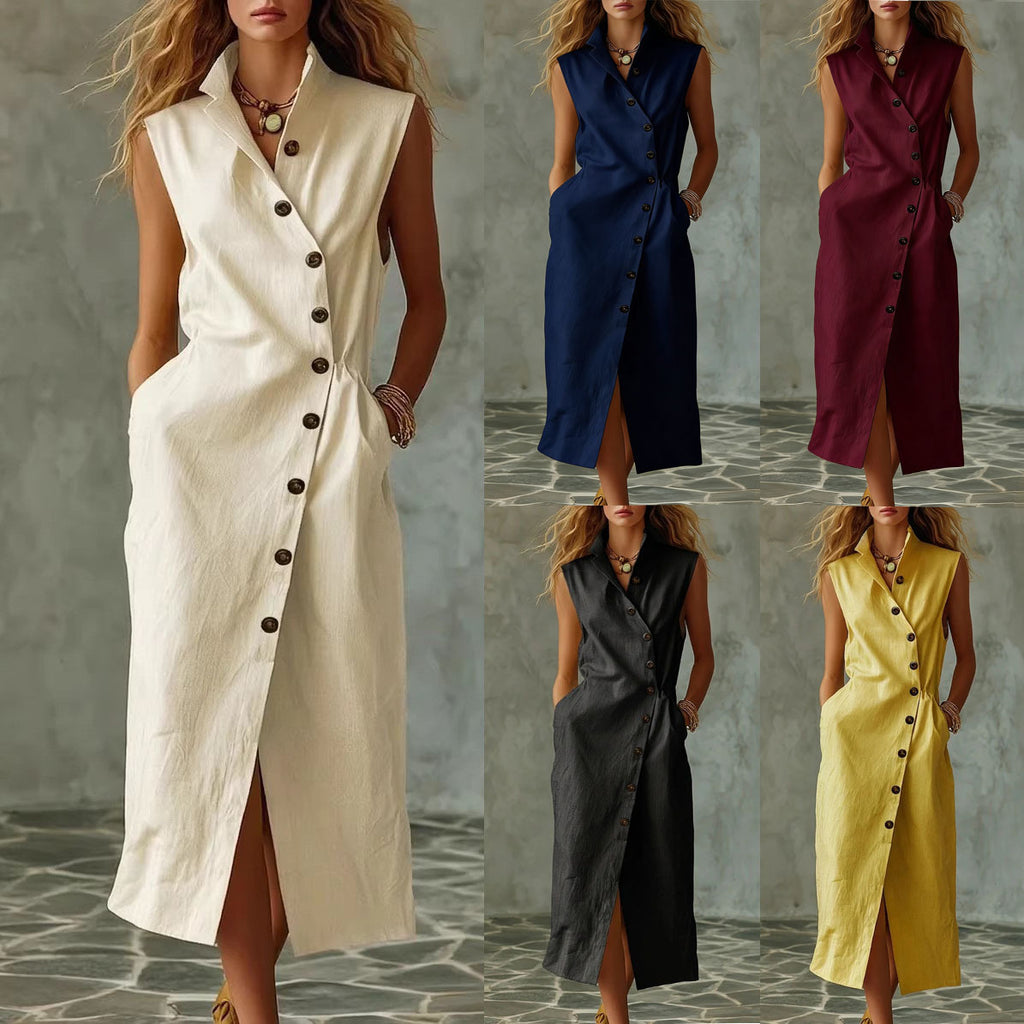 Slim-fit Elegant Single-breasted Dress With A Stand-up Collar For Women