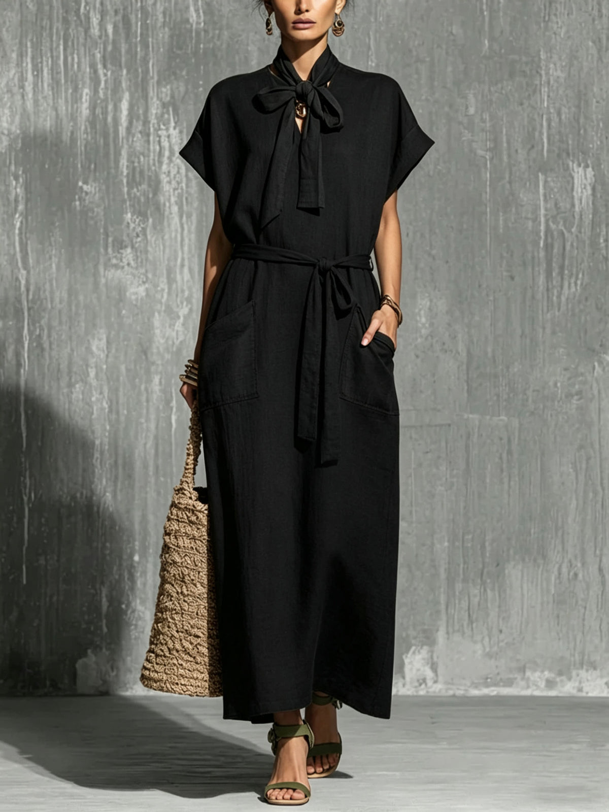 V-neck Lace-up Short-sleeve Solid-color Loose Casual Dress