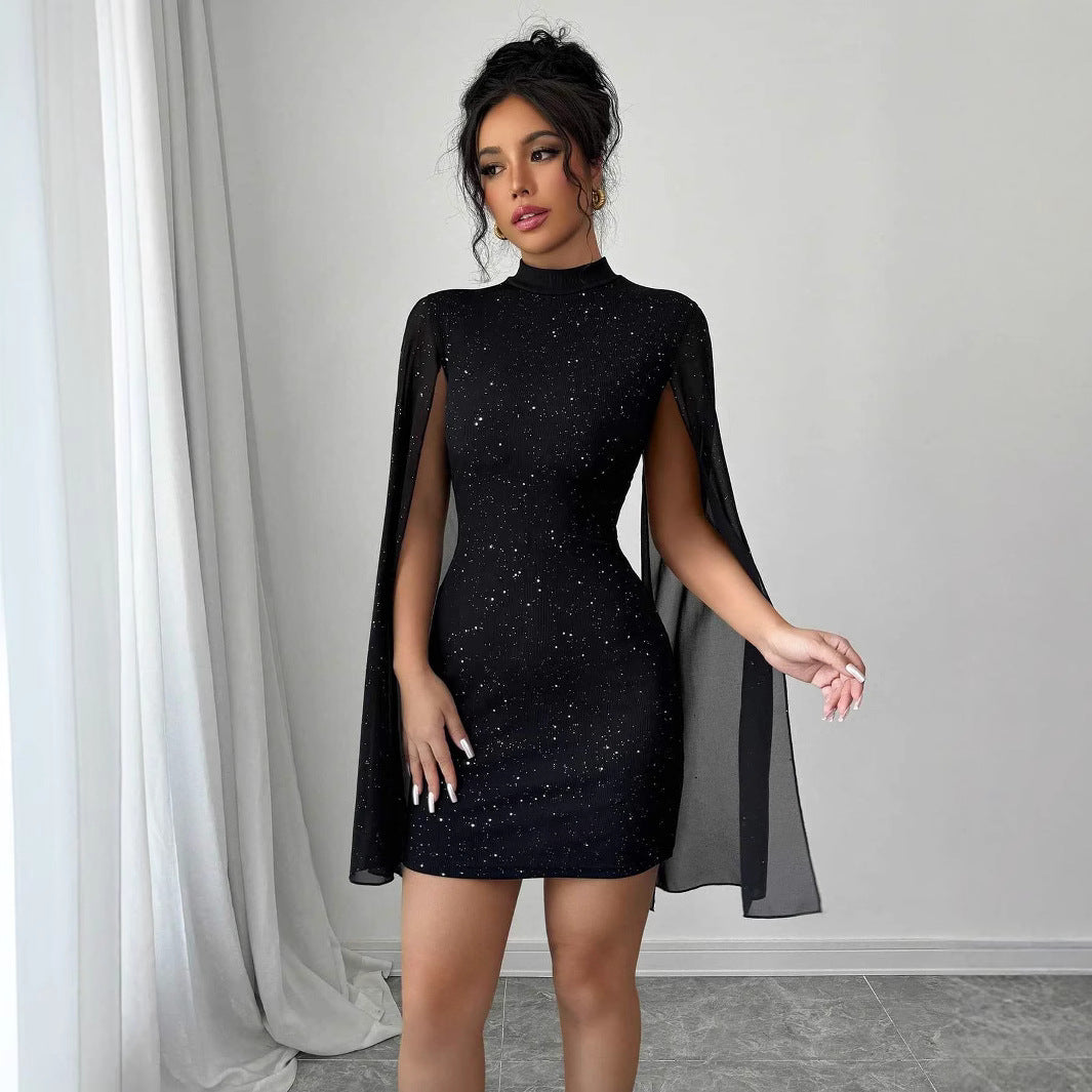 Women's Sexy Elegant Evening Party Dresses Round Neck Pit Stripe Pearl Chiffon Cape Sleeve Wrapped Hip Dress