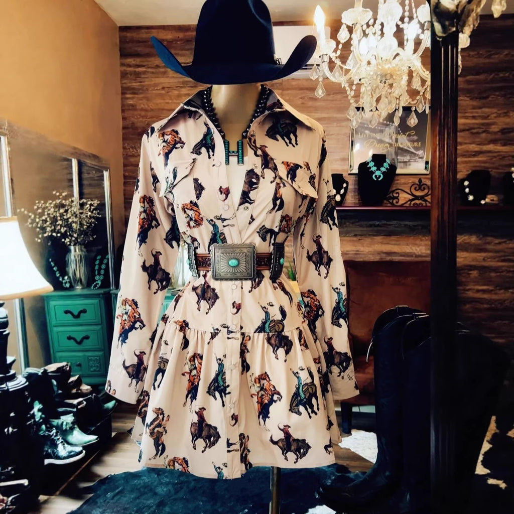 Western Cowboy-Style Printed Long-Sleeve Dress