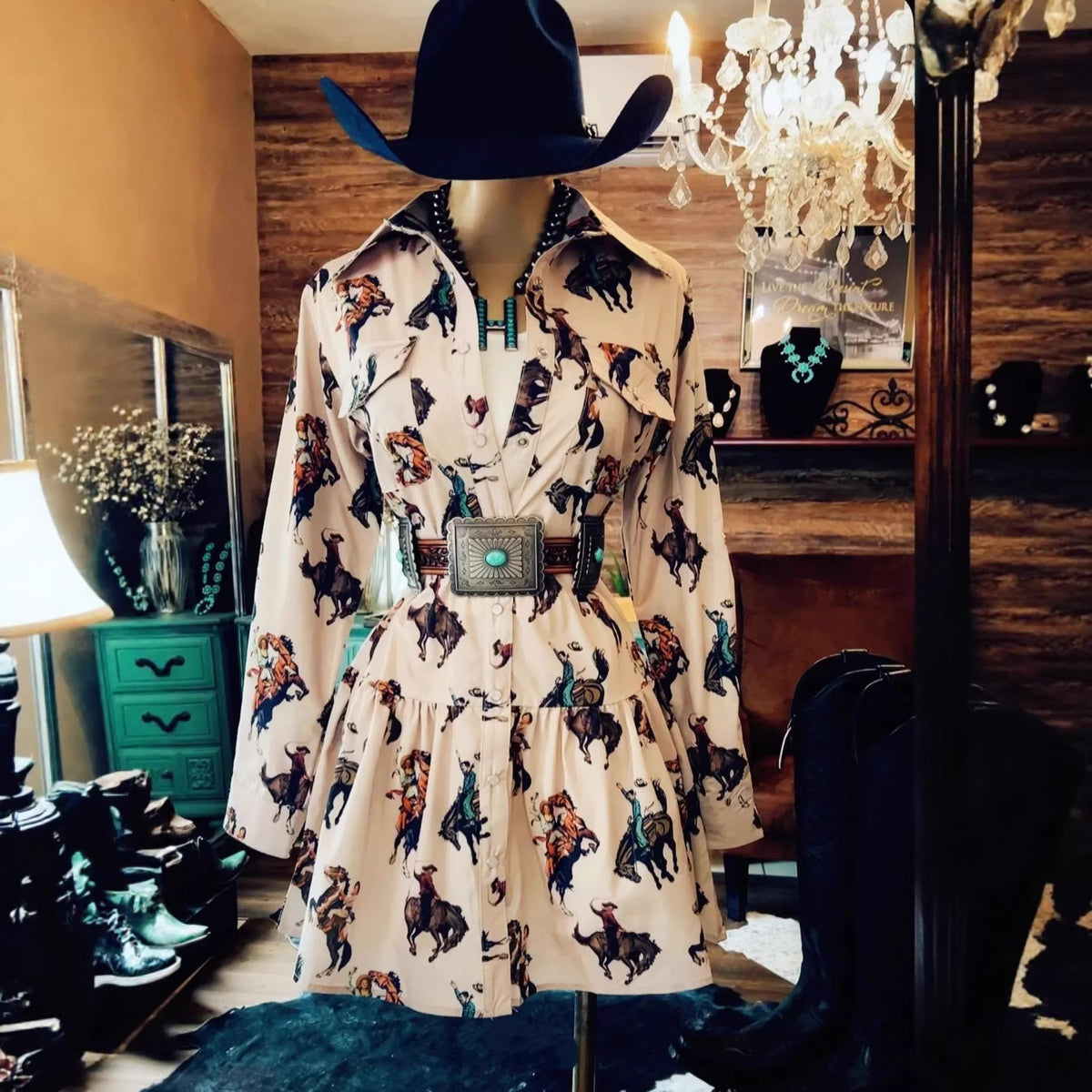 Western Cowboy-Style Printed Long-Sleeve Dress