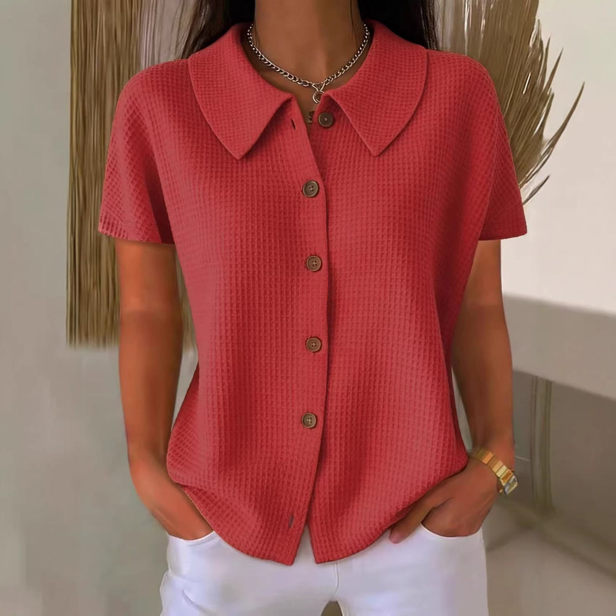 Turn-down Collar Waffle-Weave Solid Color Casual Loose Short-Sleeve Shirt