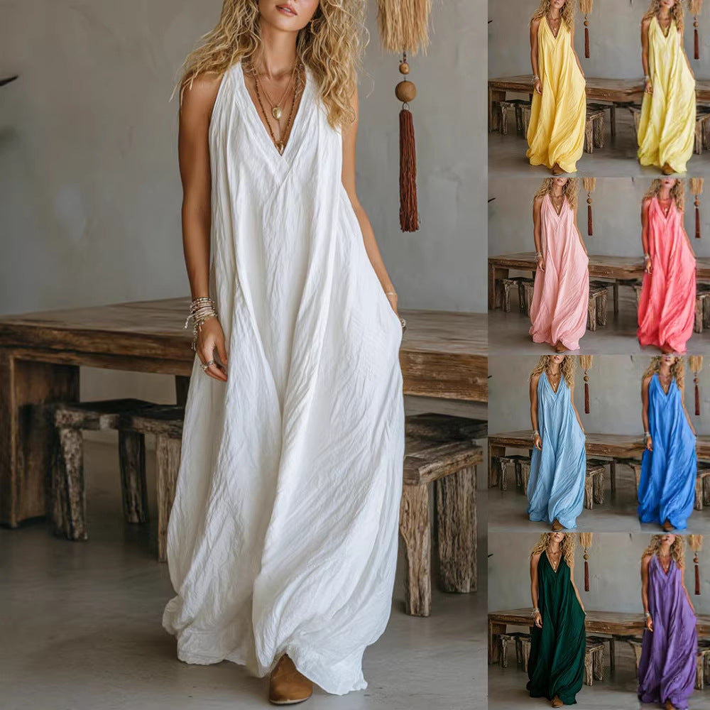 Casual Sleeveless Loose Fit Vest V-neck Long Dress With Front Pockets - Women's Summer Holiday Flowy Sleeveless Long Dresses For Daily Wear