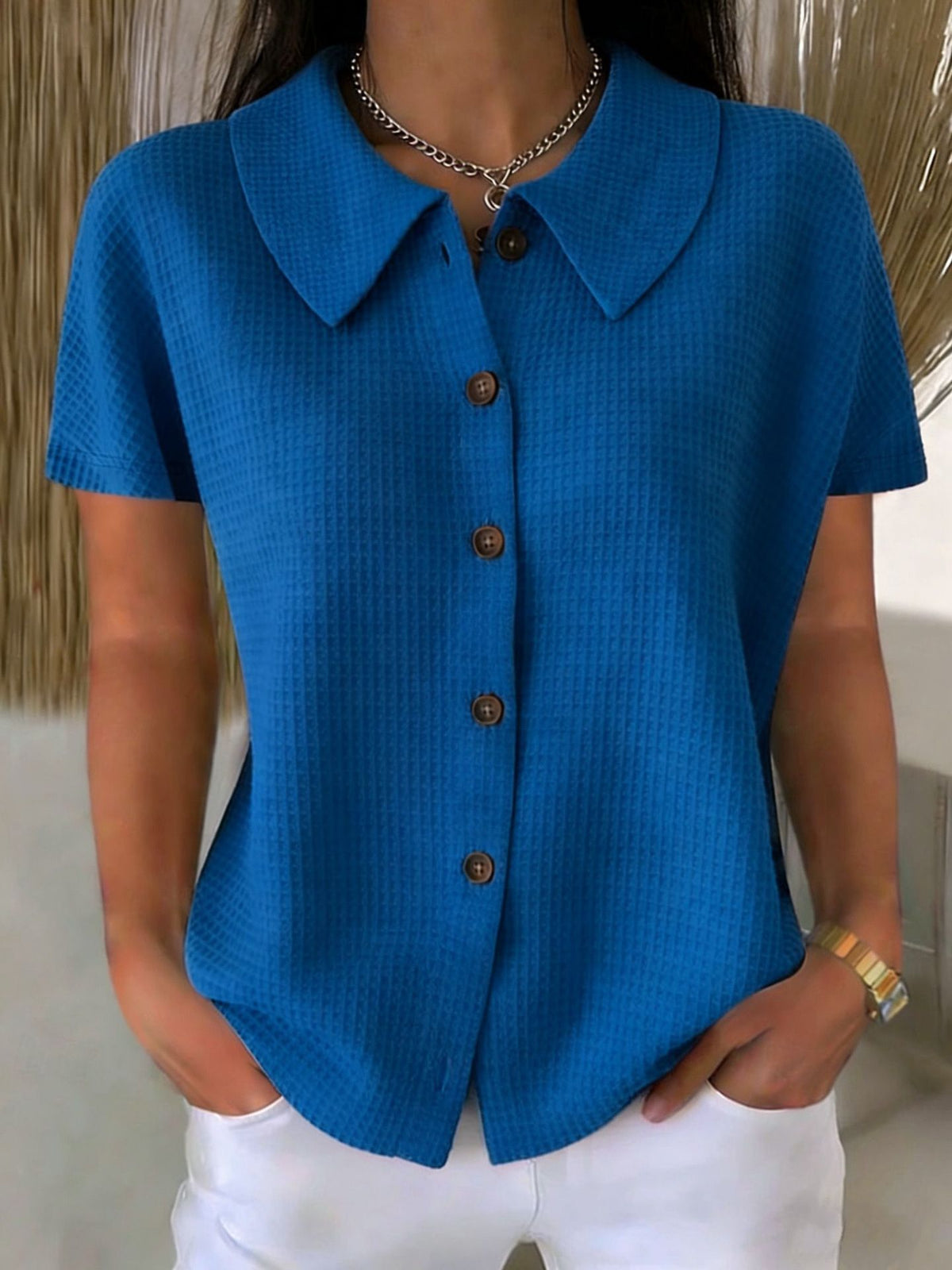 Turn-down Collar Waffle-Weave Solid Color Casual Loose Short-Sleeve Shirt