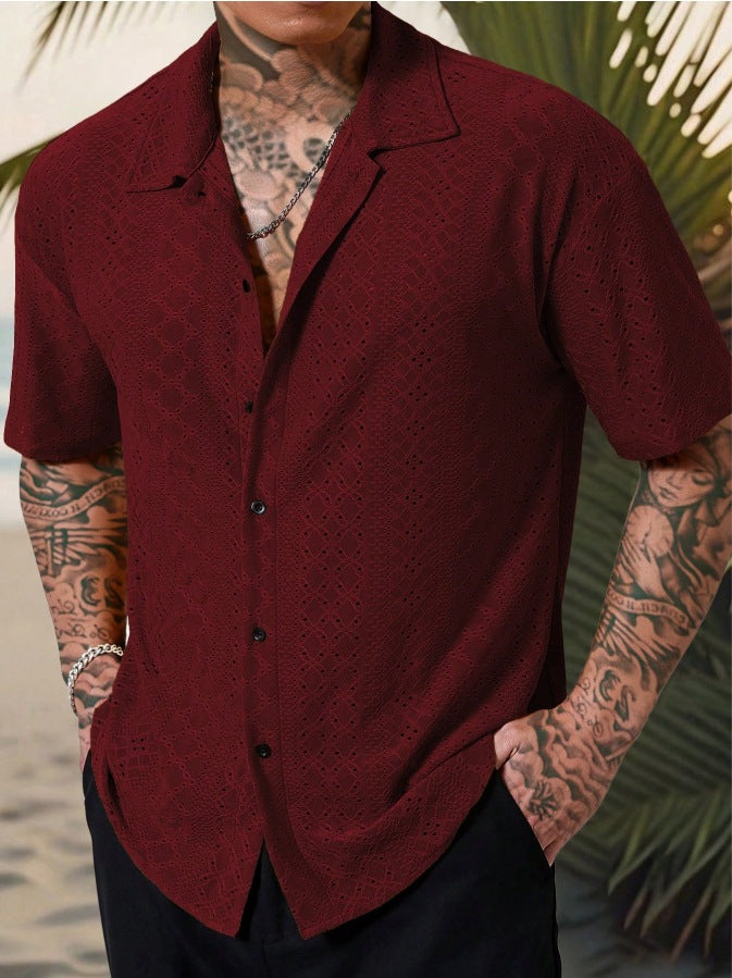 Mens Versatile Hollow-Out Jacquard Casual Shirt