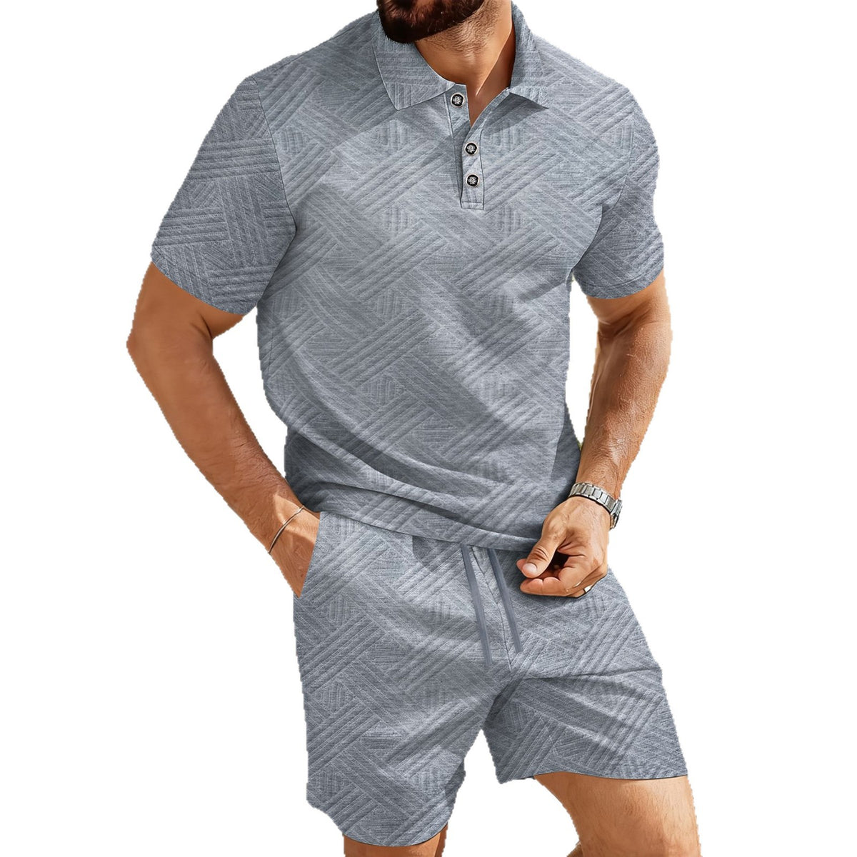 Solid-color Jacquard Short-sleeve Polo Shirt And Shorts Casual Two-piece Set