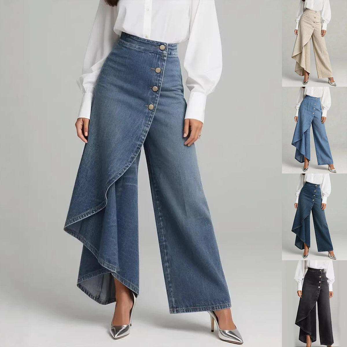 Unique Straight-leg Pants Fashion Large Ruffled Buttons Trousers Women's Faux Jeans Clothing