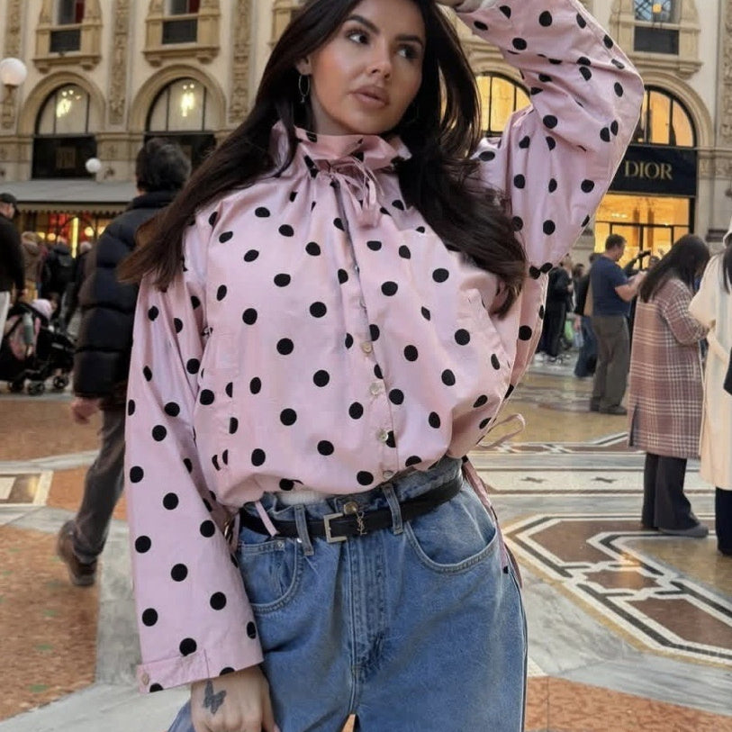 Single-breasted Stand Collar Bow-Tied Polka Dot Coat For Women