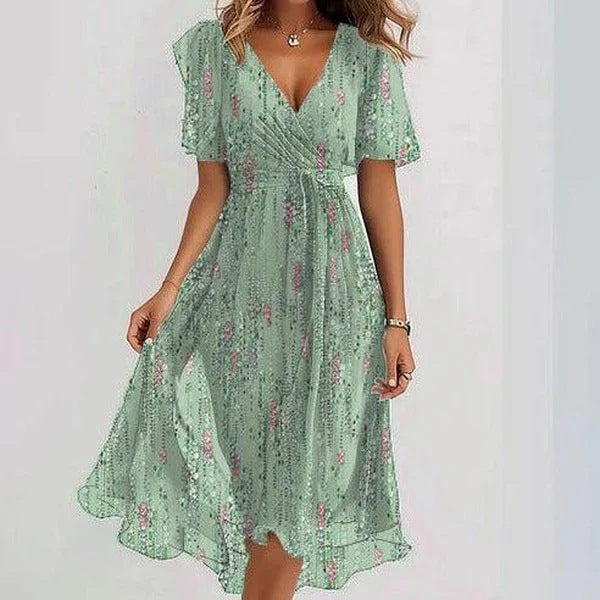 Chiffon Printed Short Sleeve Dress Summer Elegant V-neck Dresses Womens Clothing