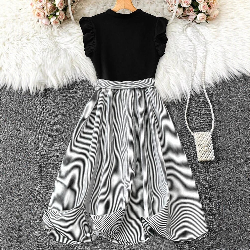 V-neck High-waisted Black-and-white Patchwork Dress