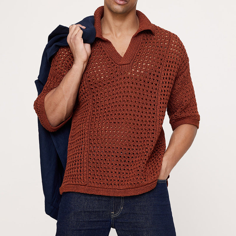 Hollow-out Mesh Knitted Short-Sleeve Polo Shirt T-Shirt