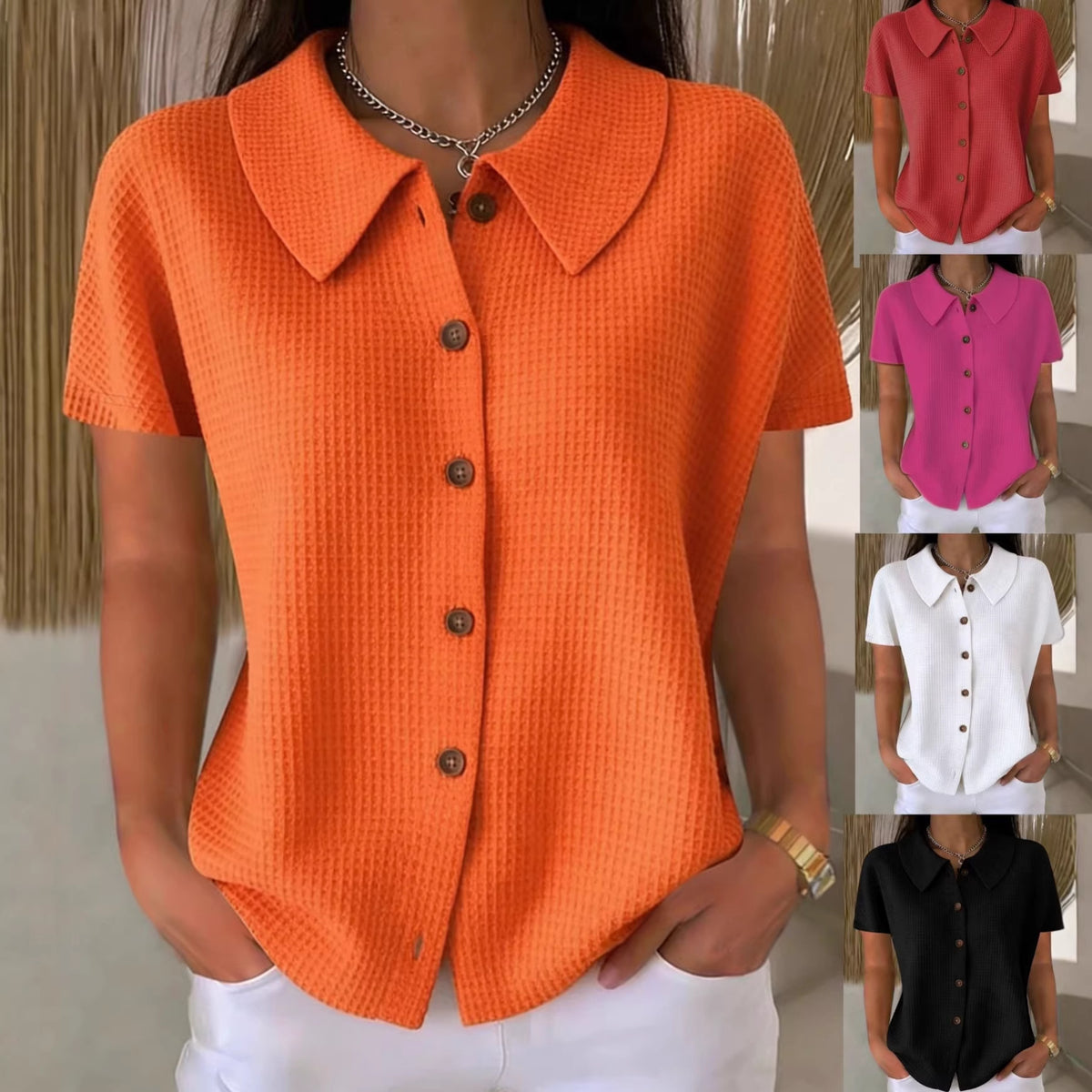 Turn-down Collar Waffle-Weave Solid Color Casual Loose Short-Sleeve Shirt