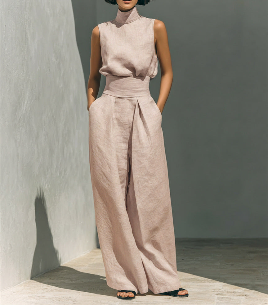 Casual Sleeveless Suit Summer Stand-up Collar Pullover Top And Loose Straight-leg Trousers Women's Clothing