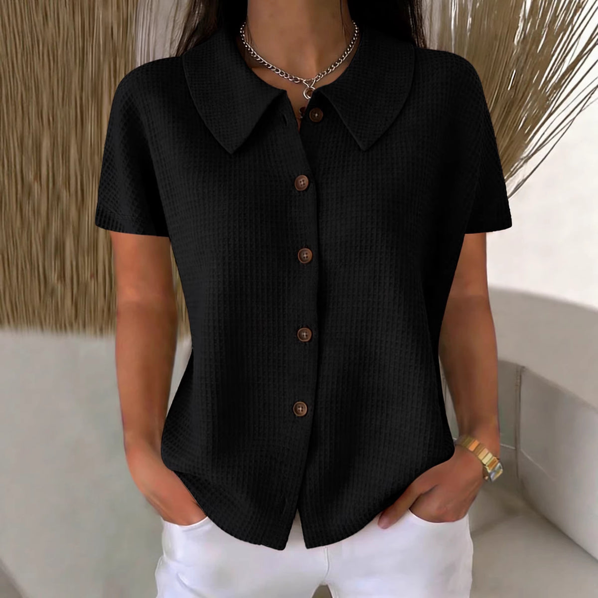 Turn-down Collar Waffle-Weave Solid Color Casual Loose Short-Sleeve Shirt