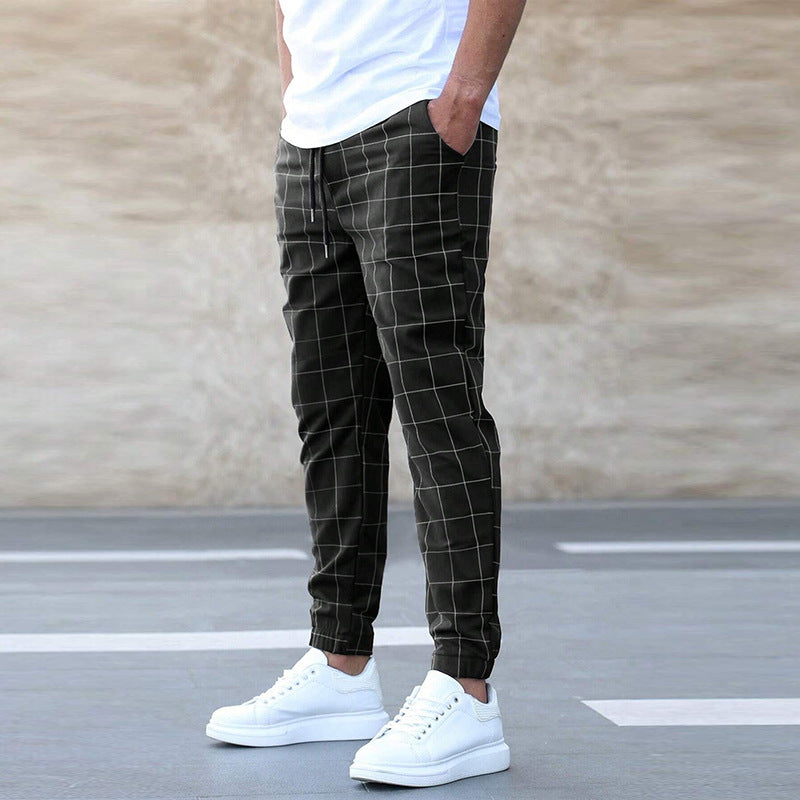 Fashion Plaid Print Pants Casual Drawstring Trousers Men's Clothing