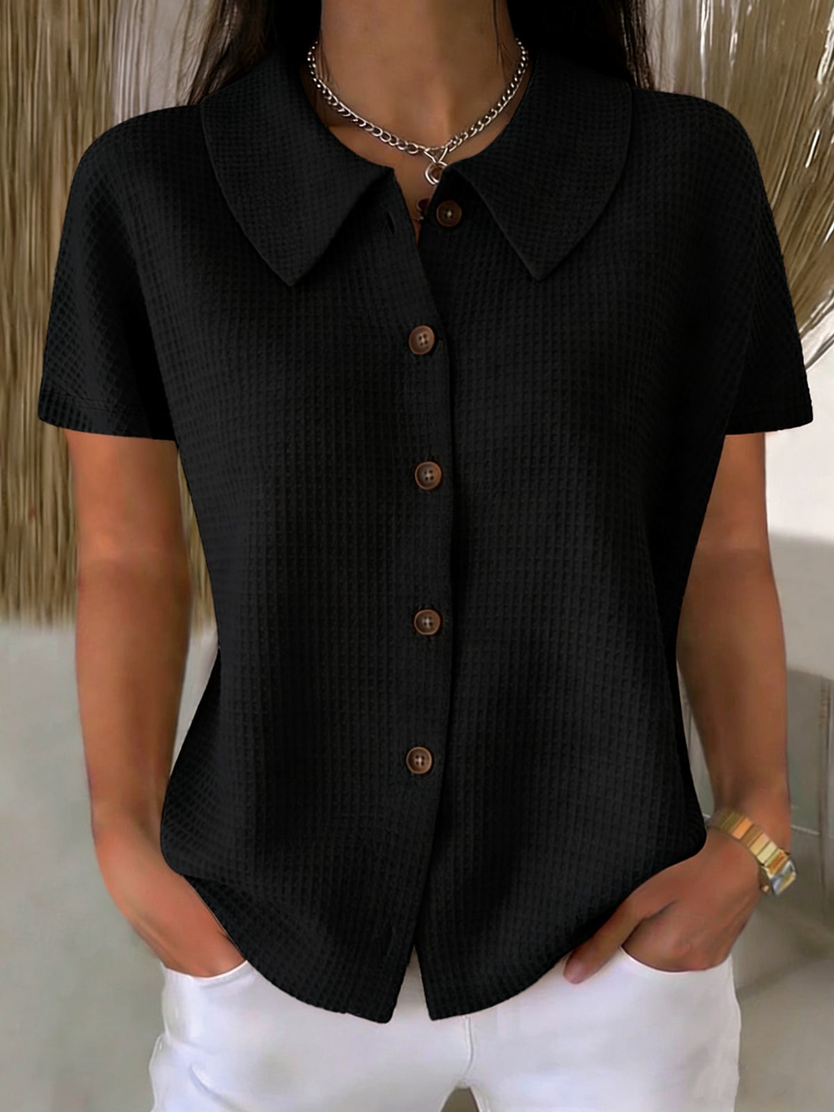 Turn-down Collar Waffle-Weave Solid Color Casual Loose Short-Sleeve Shirt