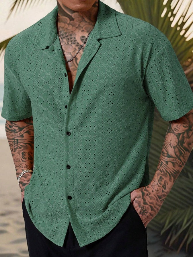 Mens Versatile Hollow-Out Jacquard Casual Shirt