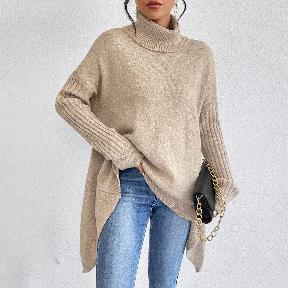 Irregular Turtleneck Sweater Winter Loose Long Sleeve Knitted Tops Leisure Warm Pullover Sweater Women's Clothing