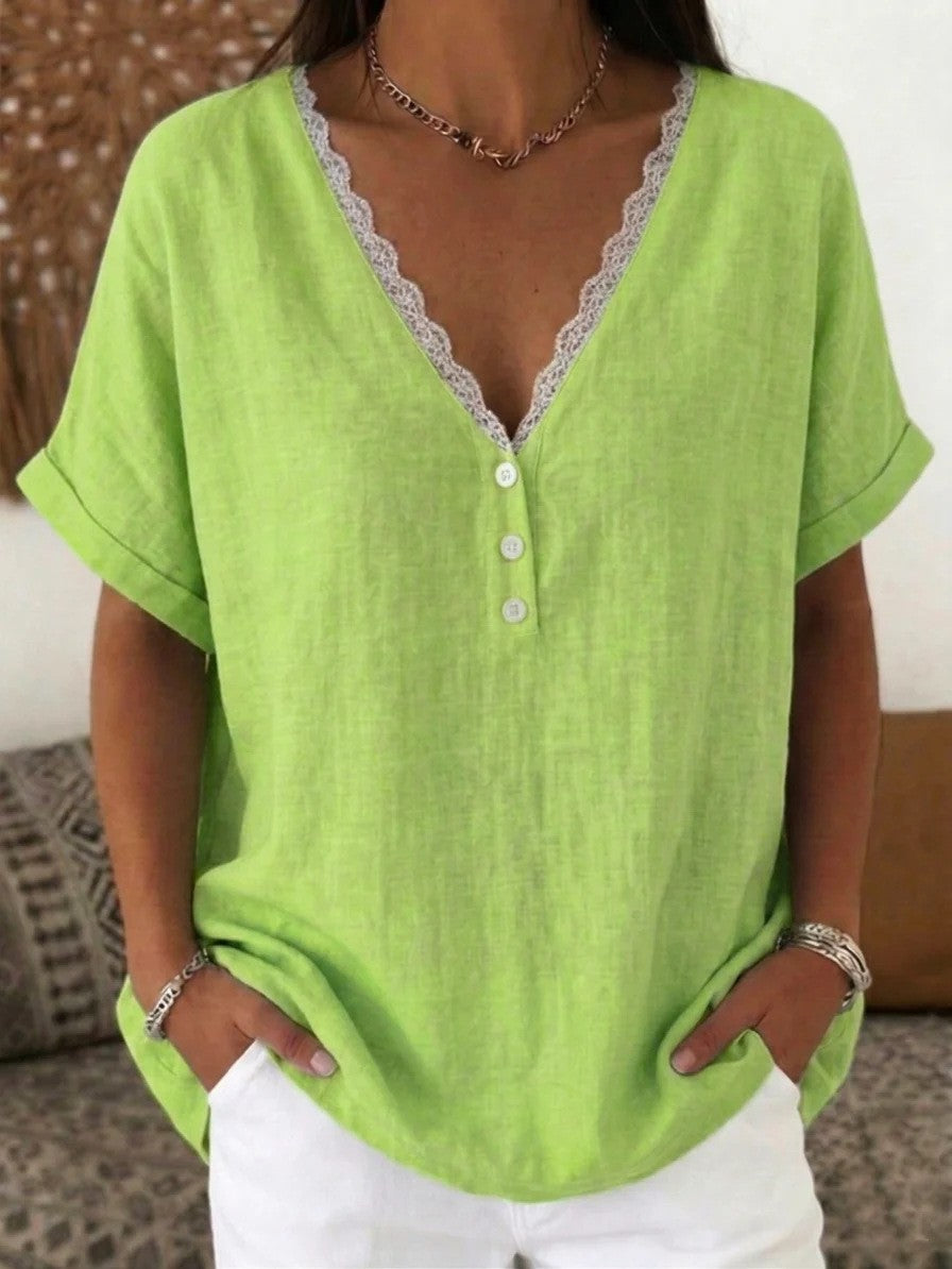 Fashionable Casual Solid-color Lace-trimmed Collar Short Sleeves