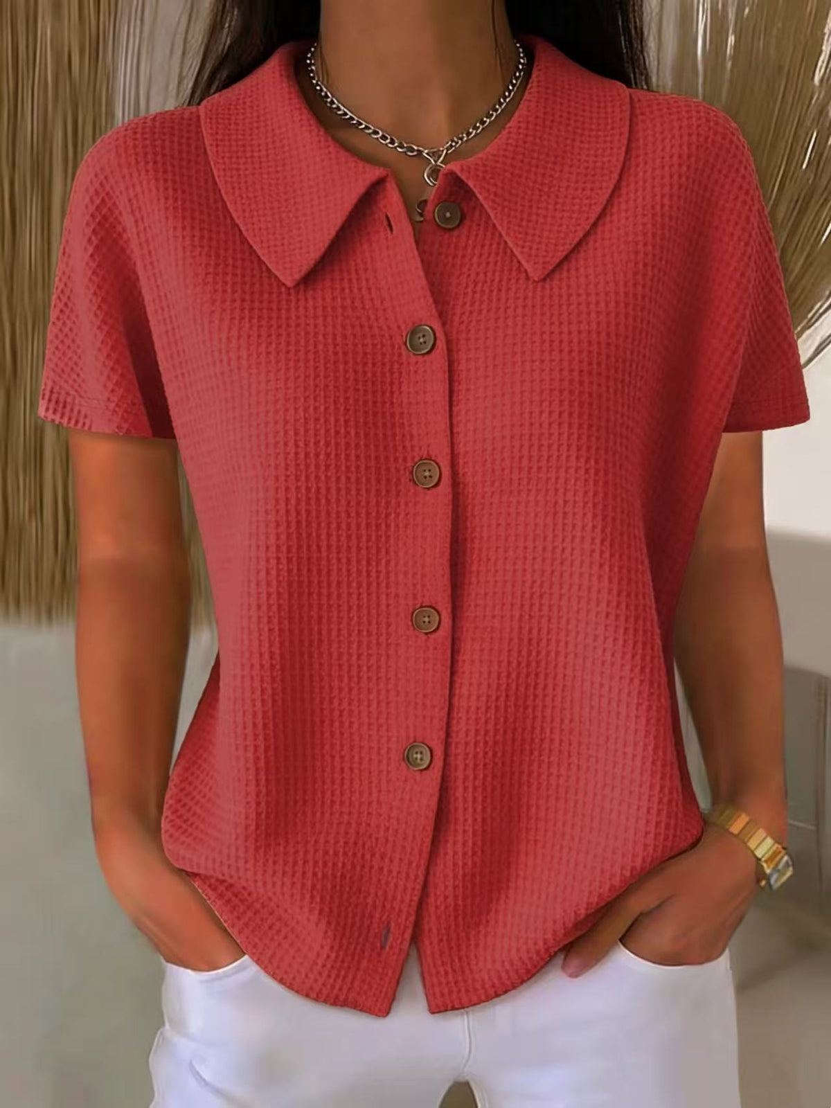 Turn-down Collar Waffle-Weave Solid Color Casual Loose Short-Sleeve Shirt