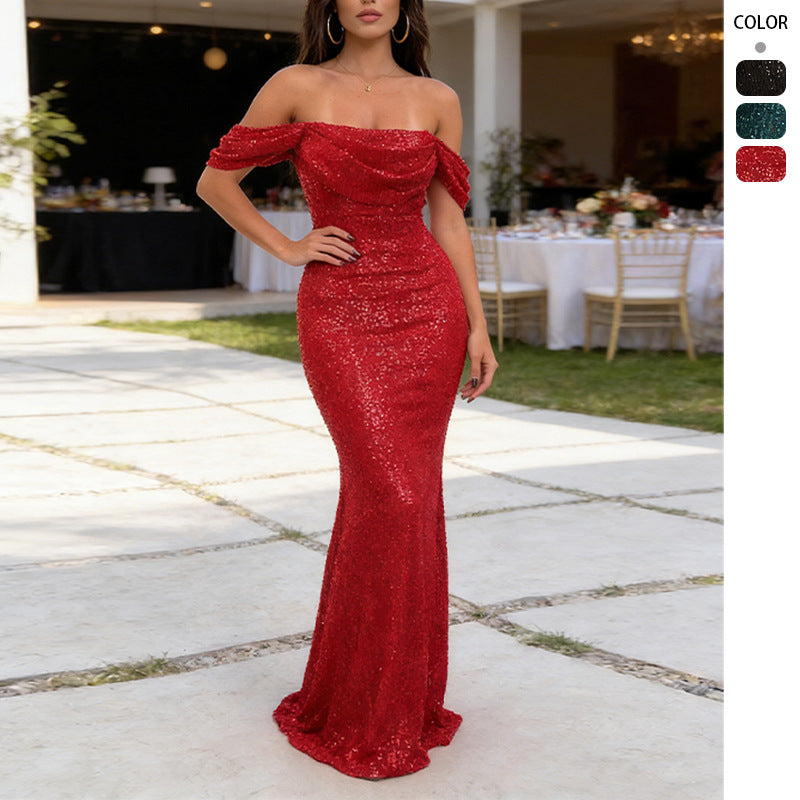 Women's Sexy Sequin Off-Shoulder Split Dress - Sparkly Off Shoulder Summer Party Long Dresses Evening Party Gown